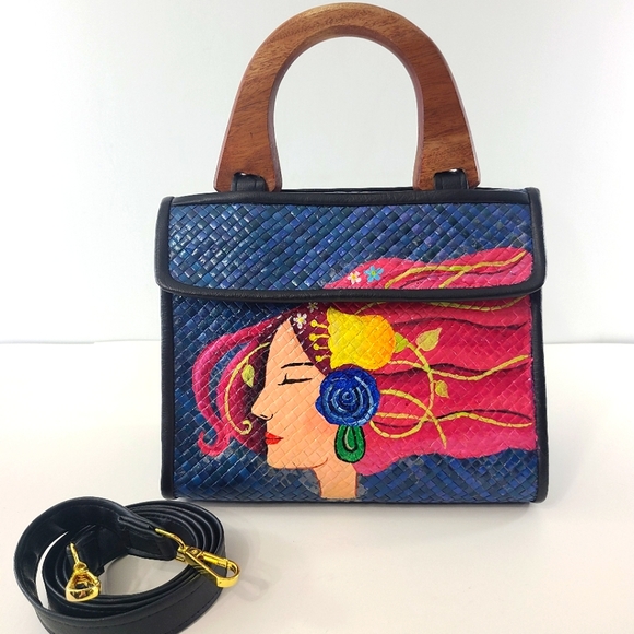 Pam Roldan Handbags - Pam Roldan Handpainted Woven One Of A Kind Wood Handle Crossbody Satchel Straw